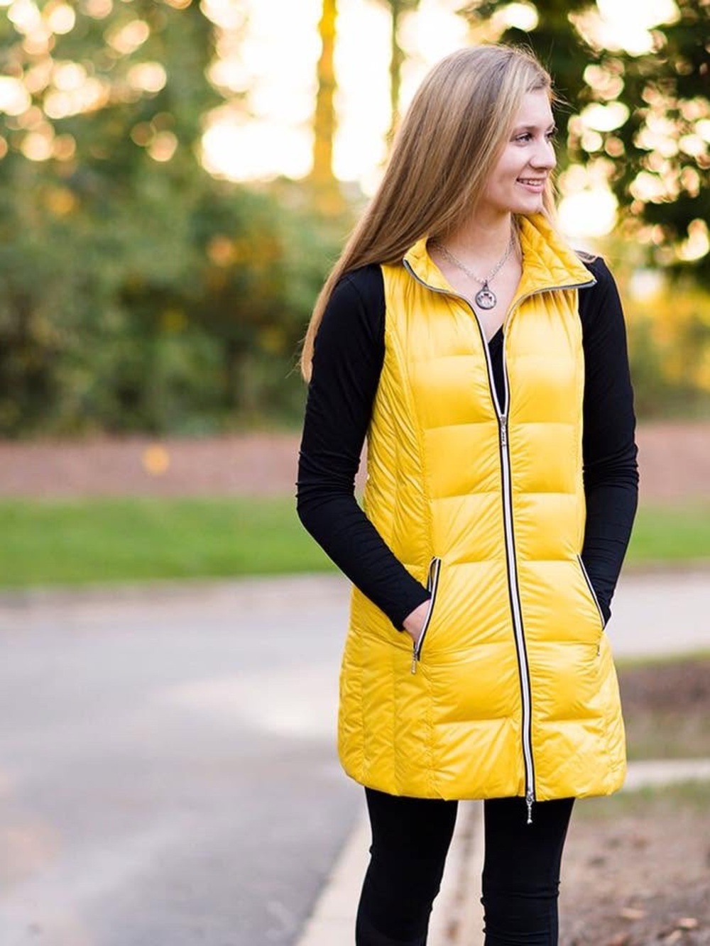MY ANORAK Long Down Vest Size S Yellow Full Zip Pockets with Packable Pouch
